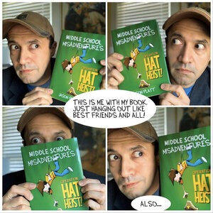 Jason Platt with pictures of his book in comic book layout