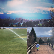 Picture collage of captures of trees, mountains, rainbows, a trail